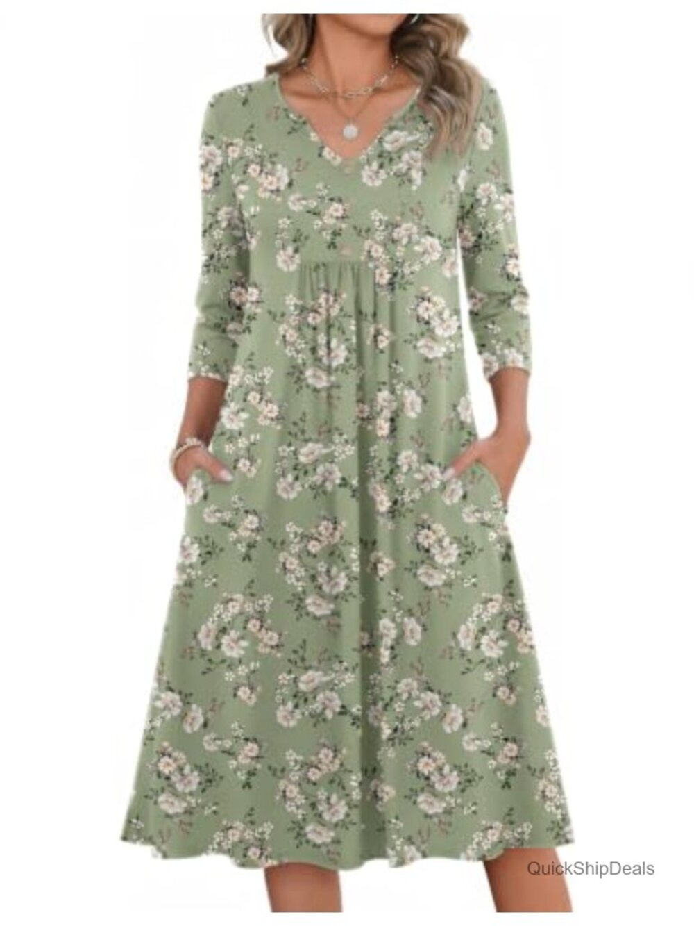 3/4 Sleeve Midi Dress A-Line V-Neck Casual with Pockets